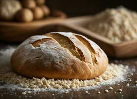 ai generiert frisch gebacken Brot auf hölzern Tabelle mit Mehl. foto