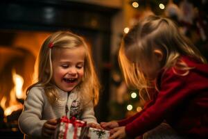 ai generiert ein Kinder aufgeregt Öffnung Geschenke auf Heilige Nikolaus Tag, traditionell europäisch Leben Zimmer Einstellung, Strümpfe hing durch das Kamin, Erfassen das Freude und Erwartung foto