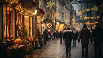 ai generiert ein urig europäisch Straße auf Heilige Nikolaus Tag, geschmückt mit festlich Dekorationen und Beleuchtung, Käufer Tragen Taschen von Geschenke foto