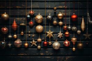 ai generiert ein Sammlung von Jahrgang Weihnachten Ornamente, eine solche wie Glas Kugeln, Sterne, und Lametta, vereinbart worden künstlerisch gegen ein rustikal hölzern Hintergrund. foto