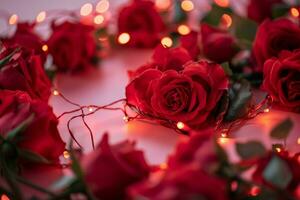 ai generiert rot Rosen auf ein Sanft Rosa Hintergrund, funkeln Fee Beleuchtung Erstellen ein magisch und romantisch Atmosphäre, Fokus auf das kompliziert Einzelheiten von das Rosen und Beleuchtung, Sanft und verträumt Stimmung foto