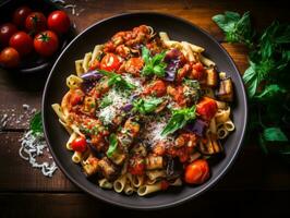 ai generiert oben Aussicht von Pasta alla Norma, serviert im ein rustikal Schüssel, umgeben durch Zutaten mögen frisch Tomaten und Aubergine, auf ein Weiß hölzern Tabelle zum ein frisch Gefühl foto