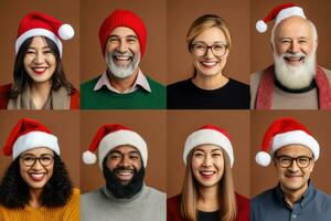 ai generiert Porträt Sammlung von vielfältig Gruppe von Menschen anders Geschlecht, Alter und ethnische Zugehörigkeit mit Santa Hut. foto