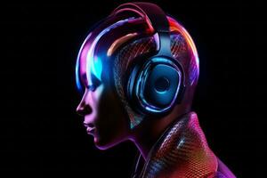 ai generiert futuristisch Frau trägt ein groß Kopfhörer auf ihr Kopf foto