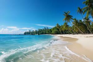 ai generiert Panorama- Schuss von ein heiter tropisch Strand mit hoch aufragend Palme Bäume, Sanft Weiß Sand, und sanft Wellen Läppen das Ufer, friedlich und unberührt foto