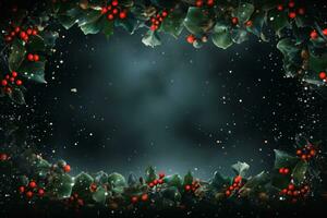 ai generiert beschwingt festlich Weihnachten Hintergrund mit ein Rand von Stechpalme Blätter, Beeren, und funkeln Beleuchtung, zentriert Copyspace zum festlich Schöne Grüße oder Anzeigen foto