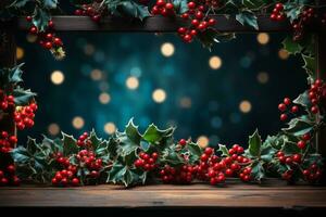 ai generiert beschwingt festlich Weihnachten Hintergrund mit ein Rand von Stechpalme Blätter, Beeren, und funkeln Beleuchtung, zentriert Copyspace zum festlich Schöne Grüße oder Anzeigen foto