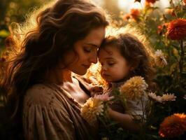 ai generiert zärtlich Mama liebevoll halten ihr Baby draußen , umgeben durch Blühen Blumen und ein warm Sonnenuntergang glühen foto
