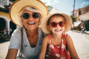 ai generiert Oma mit ein Enkelin auf Urlaub. beide sind tragen Hüte und Sonnenbrille foto