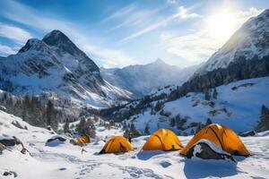 ai generiert Zelt Lager im das Berge foto