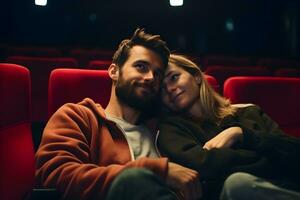 ai generiert Paar im Liebe ist Aufpassen Film im Kino. foto