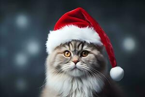 ai generiert schön grau Katze im ein Santa claus Hut . foto