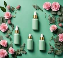 ai generiert oben Aussicht von Grün kosmetisch Flaschen in der Nähe von Rosa Blumen auf ein Türkis Hintergrund foto