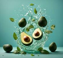 ai generiert Avocado im Wasser spritzt auf ein Blau Hintergrund. kreativ Essen Konzept. foto