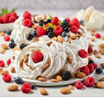 ai generiert Baiser Pavlova mit frisch Himbeeren, Brombeeren, Blaubeeren und Mandeln foto