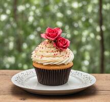 ai generiert Cupcake mit Rose auf hölzern Tabelle mit Bokeh Hintergrund foto