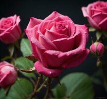 ai generiert schön Rosa Rose mit Wasser Tropfen auf schwarz Hintergrund, Nahansicht foto