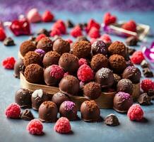 ai generiert Schokolade Trüffel mit Himbeeren und Blaubeeren auf ein Blau Hintergrund foto