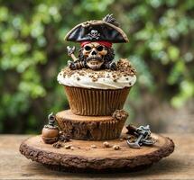 ai generiert Halloween Cupcake mit ein Pirat Hut auf oben auf hölzern Hintergrund foto