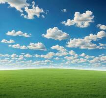 ai generiert Grün Feld und Blau Himmel mit Weiß Wolken. Natur Hintergrund. 3d Rendern foto