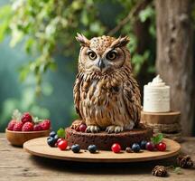 ai generiert Eule Sitzung auf ein Kuchen mit Beeren auf ein hölzern Tisch. foto