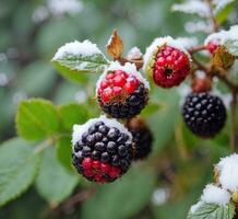 ai generiert reif Brombeeren auf ein Ast mit Grün Blätter im das Garten foto