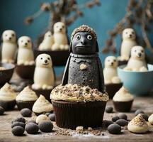 ai generiert hausgemacht Cupcakes mit Schokolade und Mäusespeck Pinguine, selektiv Fokus foto