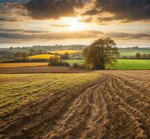 ai generiert schön Sonnenuntergang Über das Landschaft im Frühling mit Felder und Wiesen foto