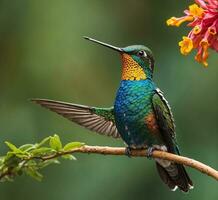 ai generiert männlich Rubinkehlchen Kolibri im Ecuador, Süd Amerika foto
