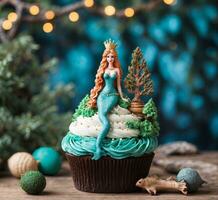 ai generiert Cupcake mit ein Meerjungfrau, Weihnachten Baum und Bokeh Hintergrund foto