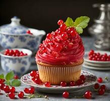 ai generiert Cupcake mit rot Johannisbeere auf ein grau Hintergrund. selektiv Fokus. foto