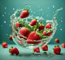 ai generiert Erdbeeren im Glas Schüssel mit Wasser Spritzen auf aqua Hintergrund foto