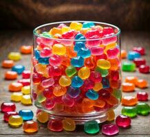 ai generiert bunt Süßigkeiten im ein Glas auf ein hölzern Hintergrund. selektiv Fokus. foto
