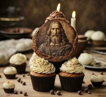 ai generiert Schokolade Cupcakes mit Jesus Christus auf ein hölzern Hintergrund. foto