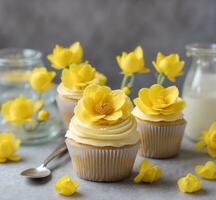 ai generiert Cupcake mit Butter Sahne auf oben und Akropolis im das Hintergrund foto