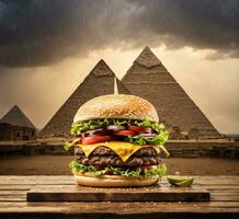 ai generiert Hamburger im Vorderseite von das Pyramiden im Gizeh, Ägypten foto
