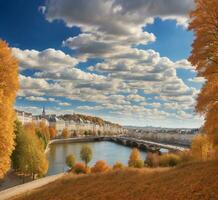 ai generiert Herbst im Paris, Frankreich. Panorama- Aussicht von das Seine Fluss. foto