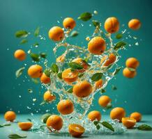 ai generiert frisch Mandarinen fallen in Wasser mit ein Spritzen auf ein Türkis Hintergrund foto