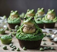 ai generiert Frosch Cupcakes mit Pistazie und Grün Sahne auf oben foto