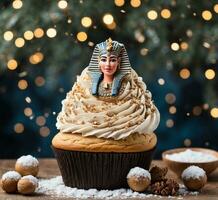 ai generiert ein Cupcake mit ein traditionell ägyptisch Frau auf das Hintergrund von ein Weihnachten Baum foto