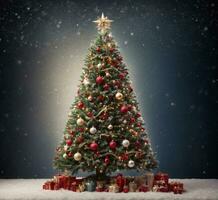 ai generiert Weihnachten Baum mit die Geschenke und Schneeflocken im Vorderseite von dunkel Hintergrund foto