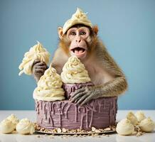 ai generiert süß komisch Affe im ein Hut und ein Kuchen mit Creme. foto