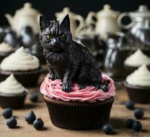 ai generiert Cupcakes mit schwarz Katze Figur, selektiv Fokus, Jahrgang Hintergrund foto