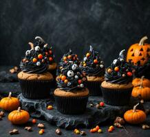 ai generiert Halloween Cupcakes mit schwarz und Orange Dekorationen auf ein dunkel Hintergrund. foto