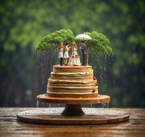 ai generiert Hochzeit Kuchen mit Familie und Baum im das Regen auf ein hölzern Tabelle foto