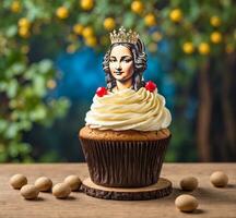 ai generiert Cupcake mit ein schön Zahl von das Jungfrau Maria auf ein hölzern Hintergrund foto