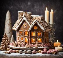 ai generiert Lebkuchen Haus mit Verbrennung Kerzen und Weihnachten Dekorationen auf ein hölzern Hintergrund foto