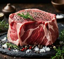 ai generiert roh Rindfleisch Steak mit Rosmarin, Salz, und Pfeffer auf ein Stein Tafel. foto