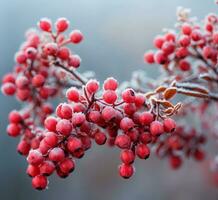 ai generiert gefroren rot Beeren auf das Geäst von ein Busch im Winter. foto