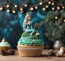 ai generiert Weihnachten Cupcake mit ein schön Zahl von ein Meerjungfrau auf oben foto